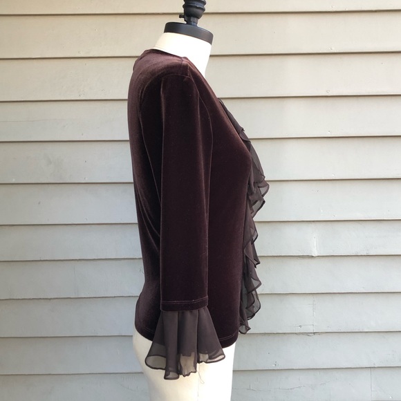 Vintage Cachet Y2K Whimsigoth Ethereal Dark Brown Velvet Silk Ruffle Zip Up Top - Picture 13 of 17